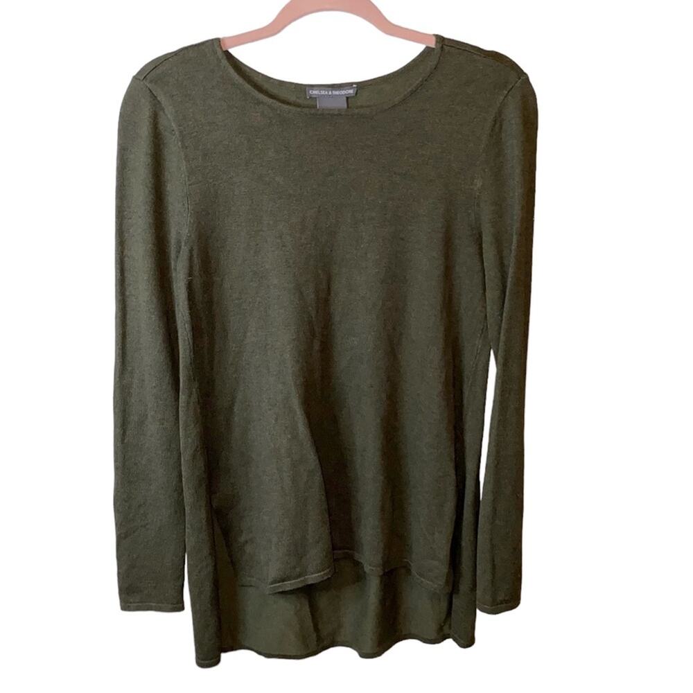 Chelsea & Theodore Olive Green Long‎ Sleeve Sweater Small Casual High Low